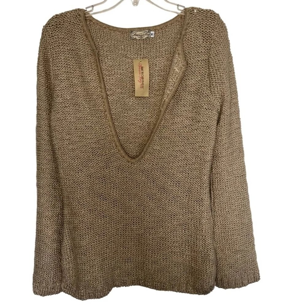 American Rag Camel Long Sleeve Deep V Boho Knit Sweater Size Medium
